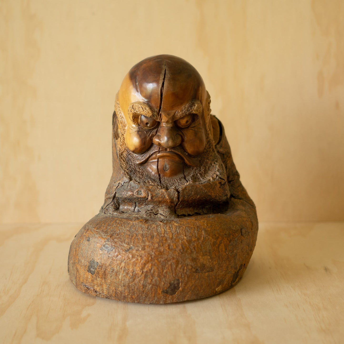 Japanese Vintage Carved Wisteria Trunk Daruma Sculpture