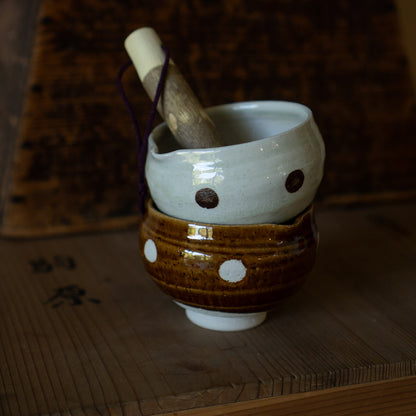 Japanese Suribachi Grinding Bowl Set with Sansho wood Pestle - Mint polkadot