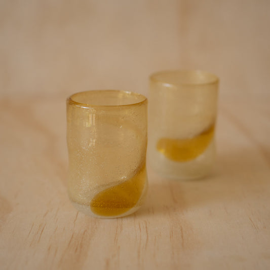 Japanese pair of hand blown glass tumblers - amber