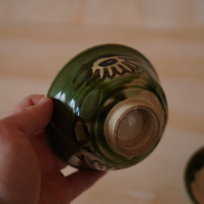 Vintage Showa era Japanese Ceramic Oribe glazed covered Chawan tea bowl from 1937