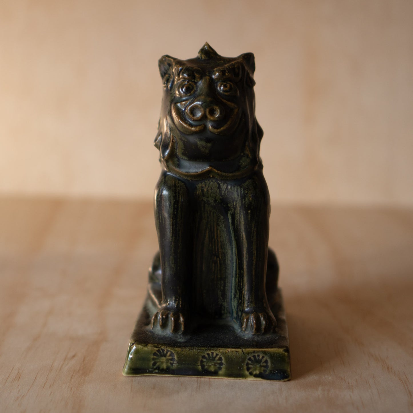 Japanese Vintage Seto ware Oribe glazed Komainu by master potter Kato Usuke