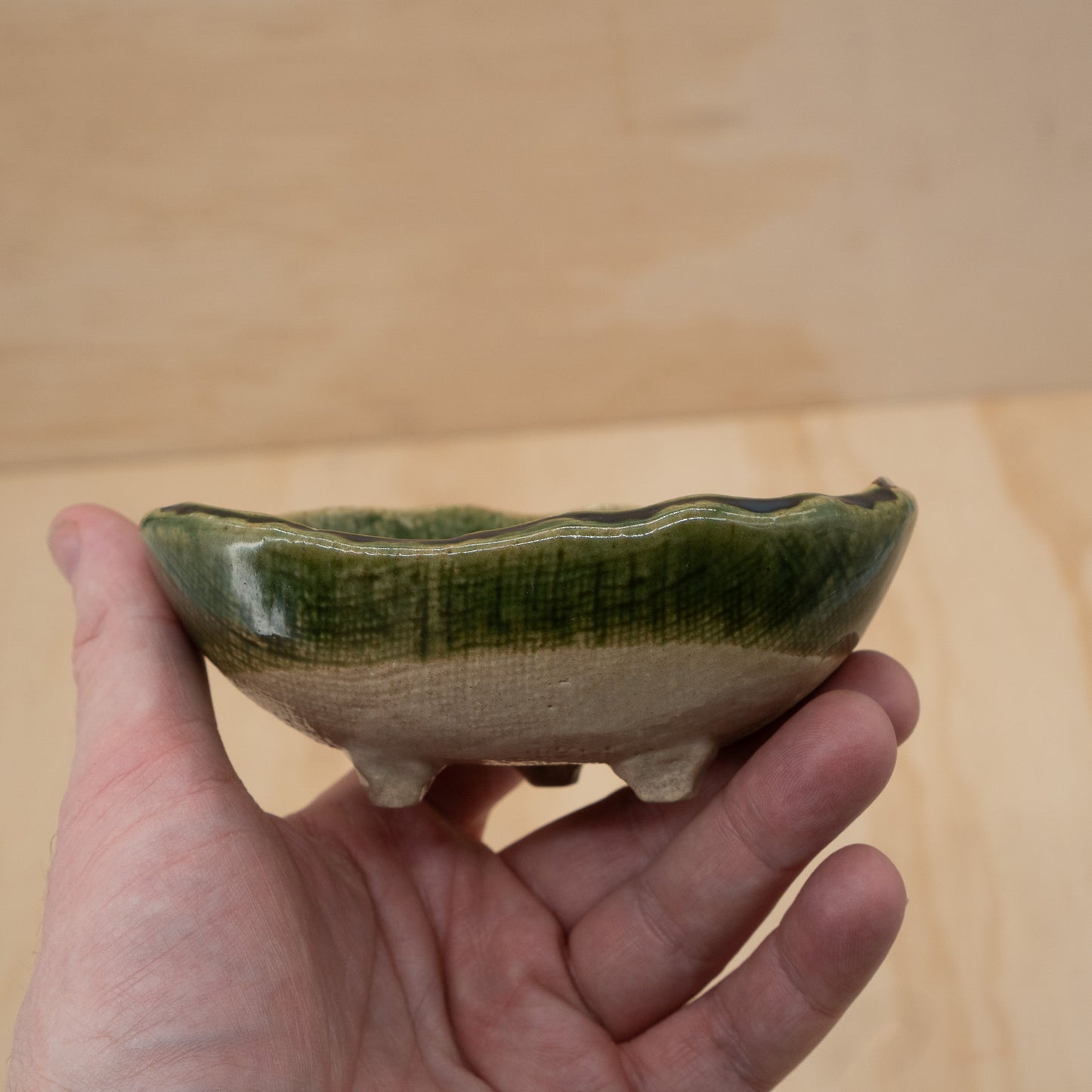 Vintage Japanese Ceramic Footed Oribe side dish bowls
