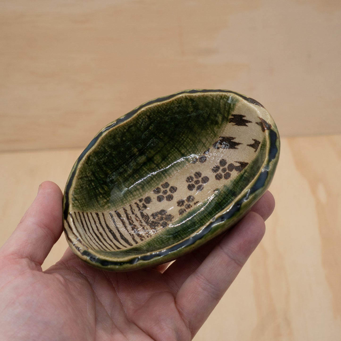 Vintage Japanese Ceramic Footed Oribe side dish bowls