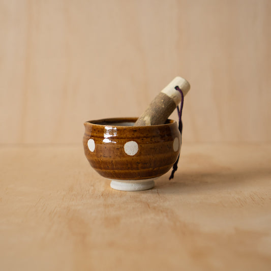 Japanese Suribachi Grinding Bowl Set with Sansho wood Pestle - Brown polkadot