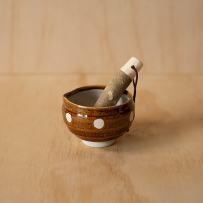 Japanese Suribachi Grinding Bowl Set with Sansho wood Pestle - Brown polkadot