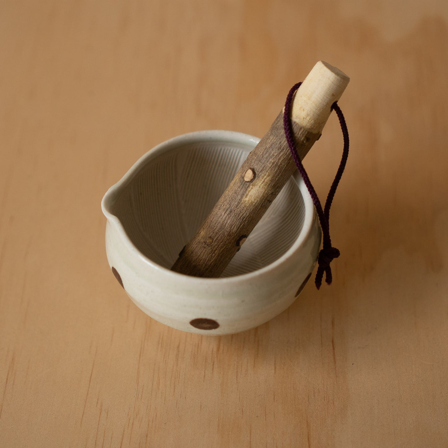 Japanese Suribachi Grinding Bowl Set with Sansho wood Pestle - Mint polkadot
