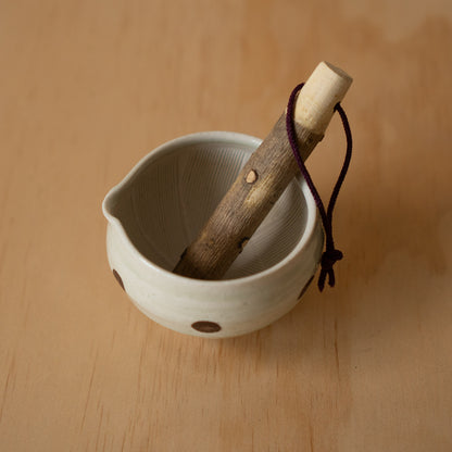 Japanese Suribachi Grinding Bowl Set with Sansho wood Pestle - Mint polkadot