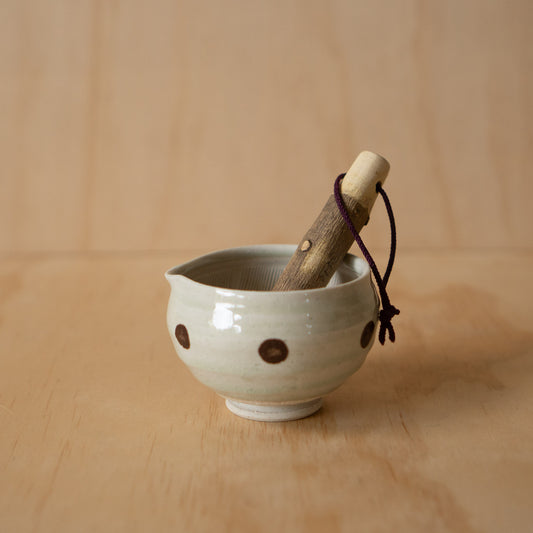 Japanese Suribachi Grinding Bowl Set with Sansho wood Pestle - Mint polkadot