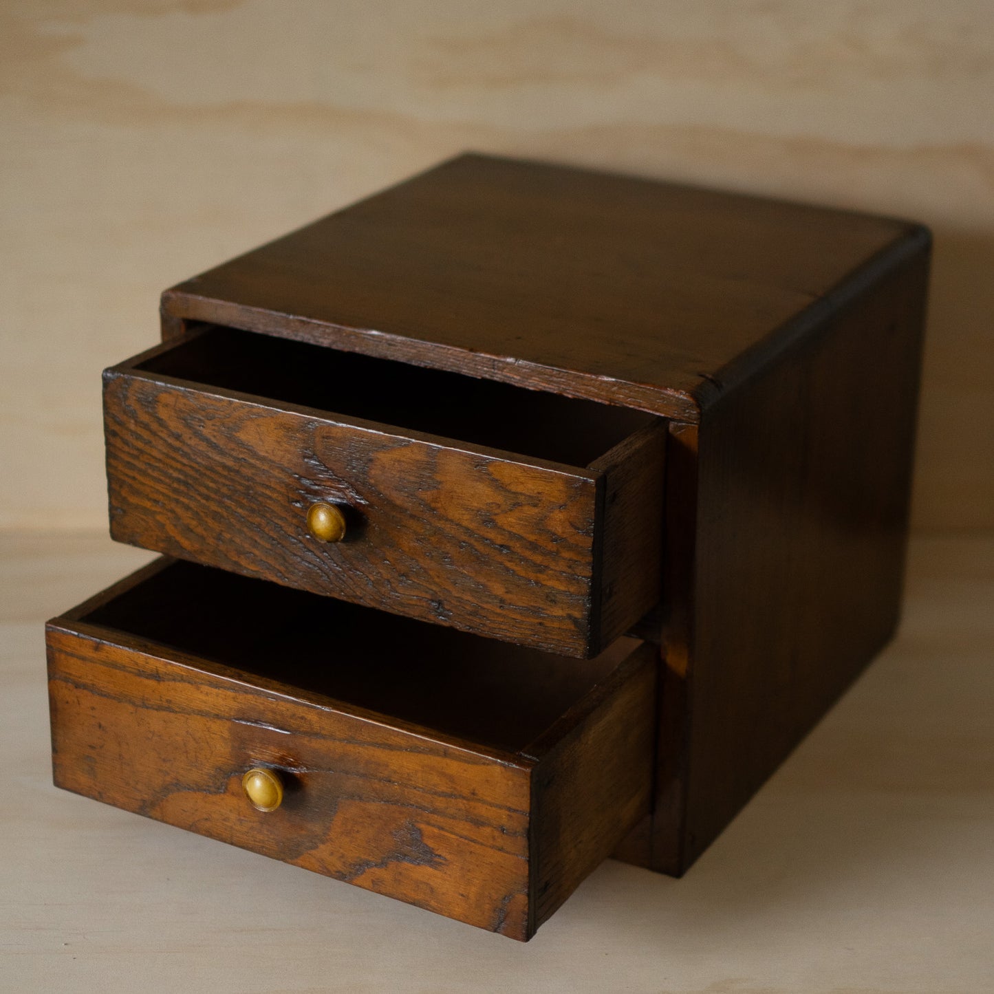 Vintage Japanese Showa Period 2 Drawer oak cabinet