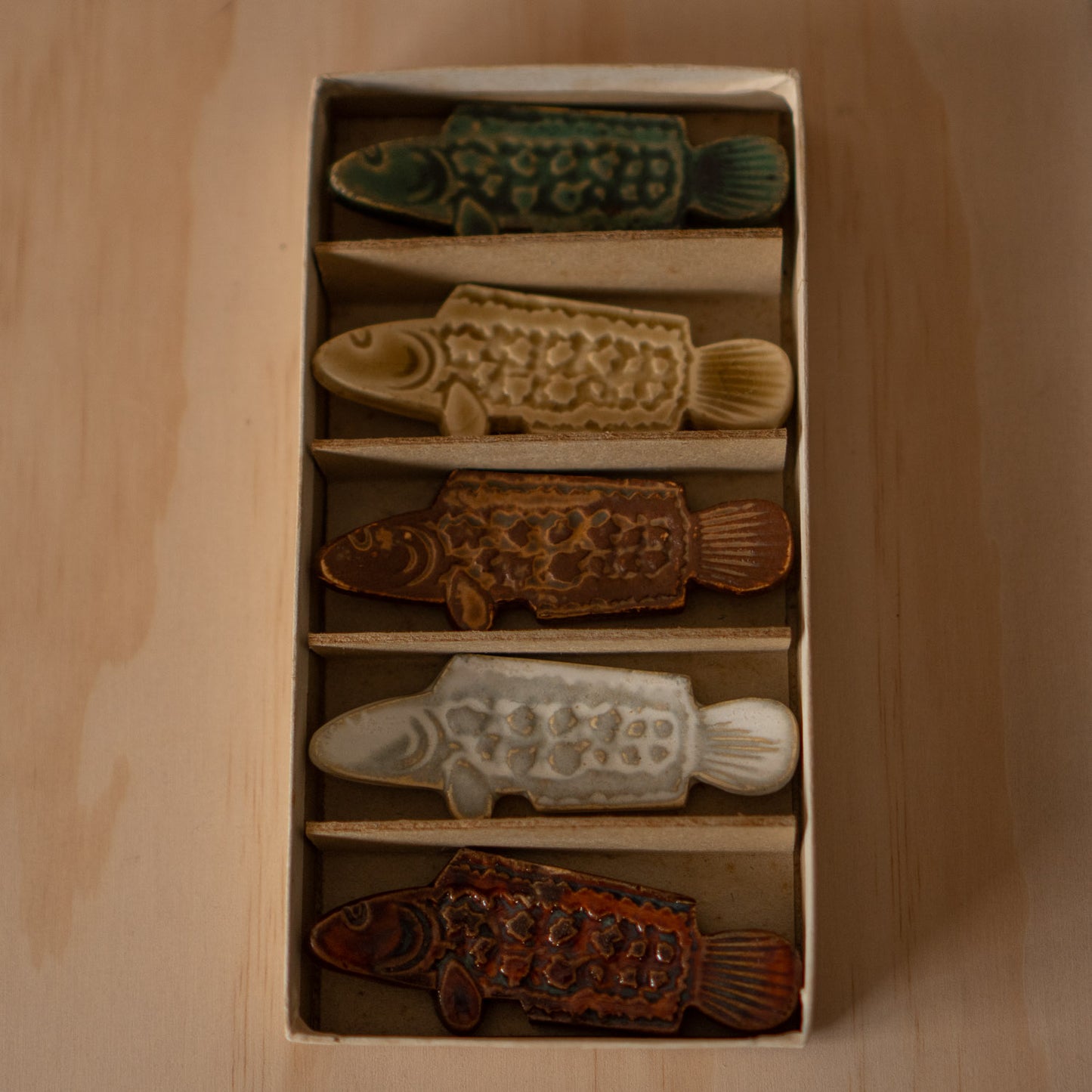 Vintage Mid Century Japanese Fish Chopstick rests- Set of 5 in box