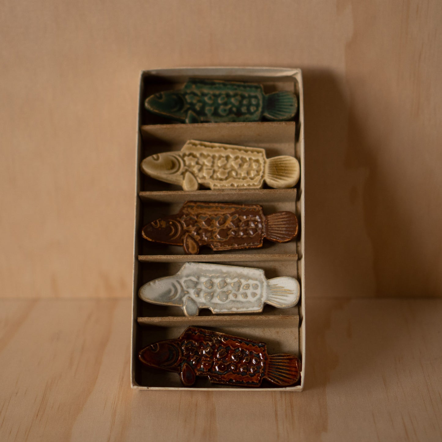 Vintage Mid Century Japanese Fish Chopstick rests- Set of 5 in box