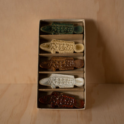 Vintage Mid Century Japanese Fish Chopstick rests- Set of 5 in box