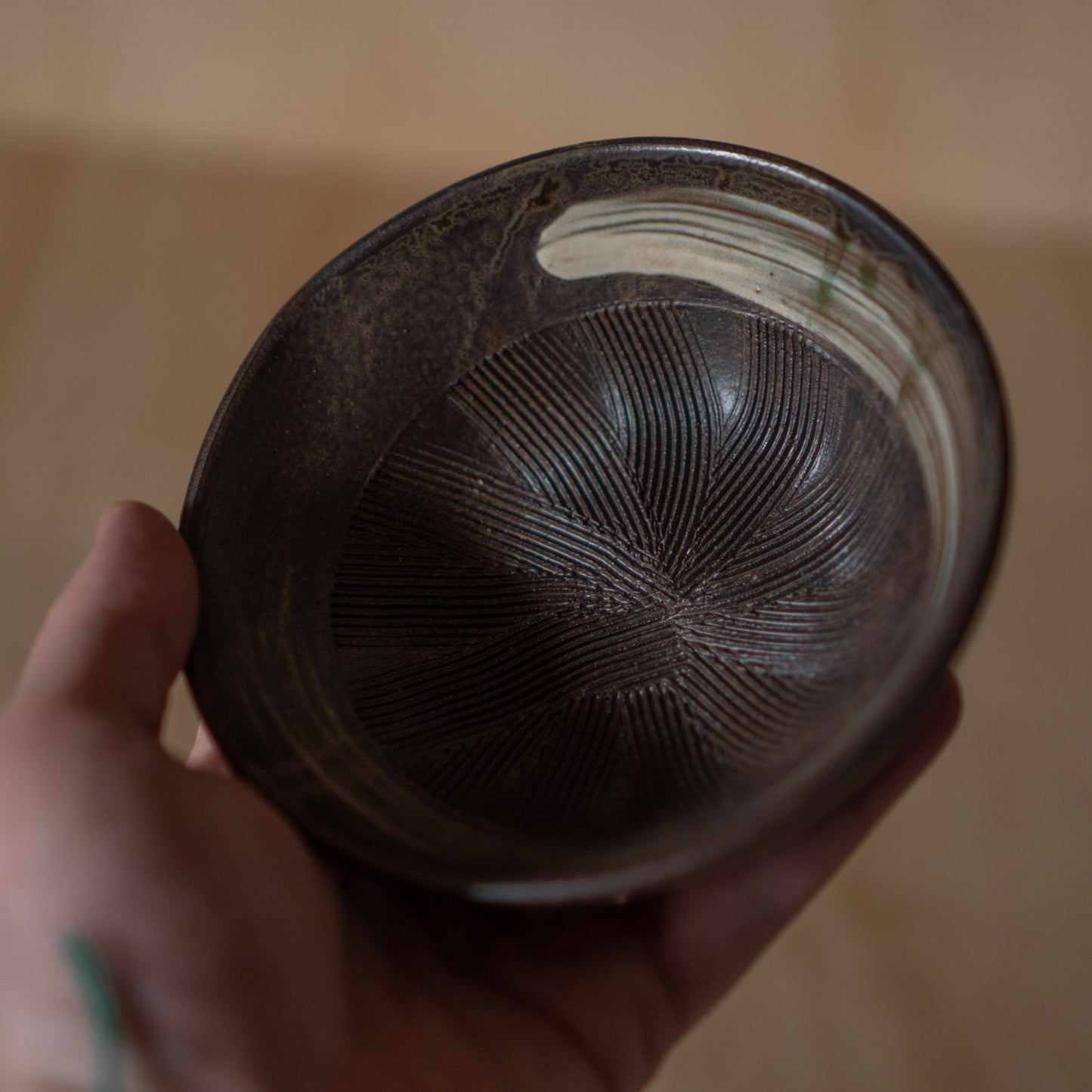 Japanese Suri-Bachi Grinding bowl -  Brown glaze with brush stripe - Small