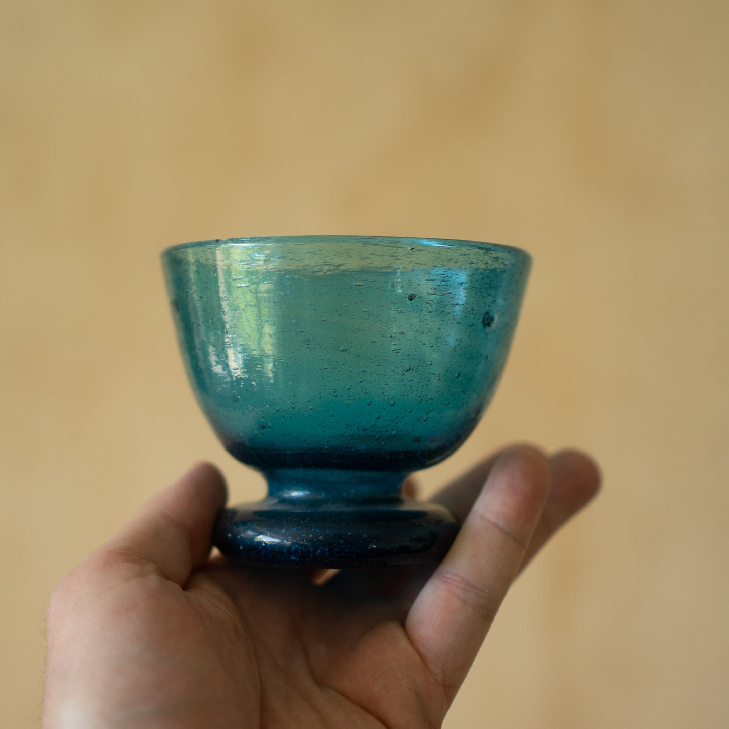 Vintage Japanese Hand blown glass goblet- aqua blue