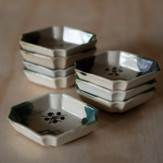Vintage set of Japanese Ceramic Oribe Dipping Sauce dishes x8