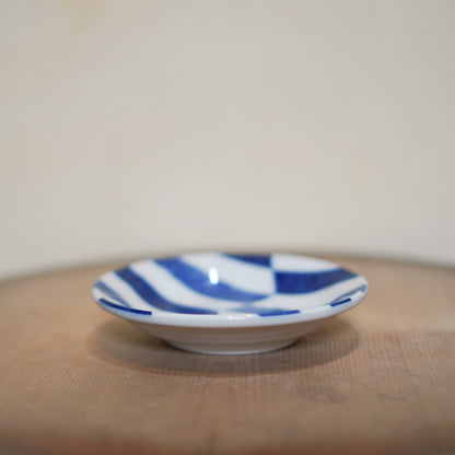 Vintage Japanese ceramic soy sauce dish - blue and white check