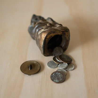 Vintage Taisho period Metal Ebisu money box with old coins