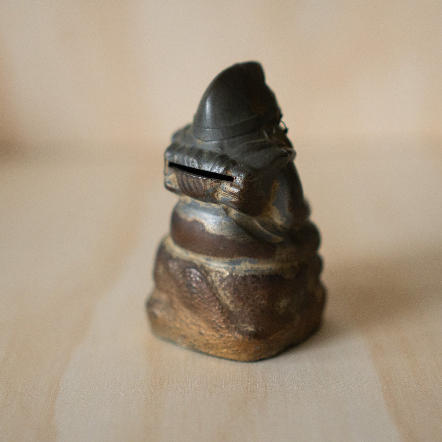 Vintage Taisho period Metal Ebisu money box with old coins