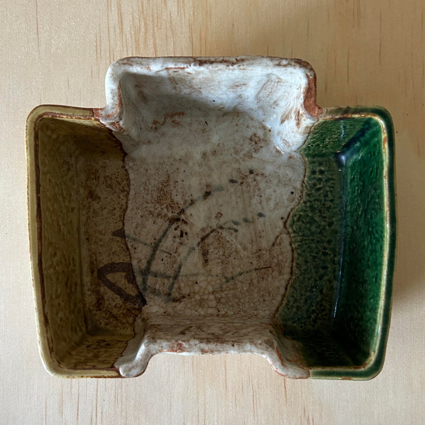 Antique Japanese Oribe ceramic square bowl