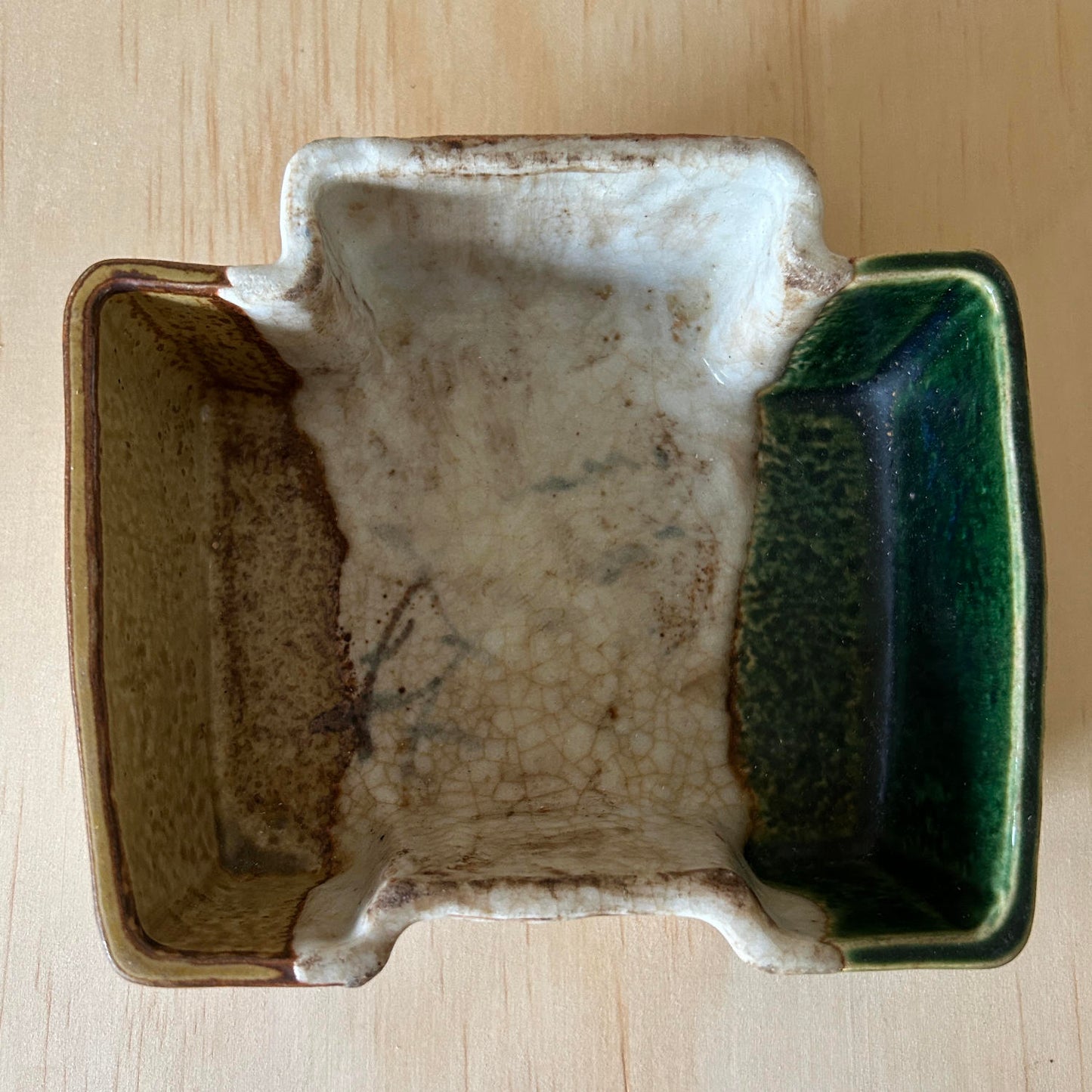 Antique Japanese Oribe ceramic square bowl