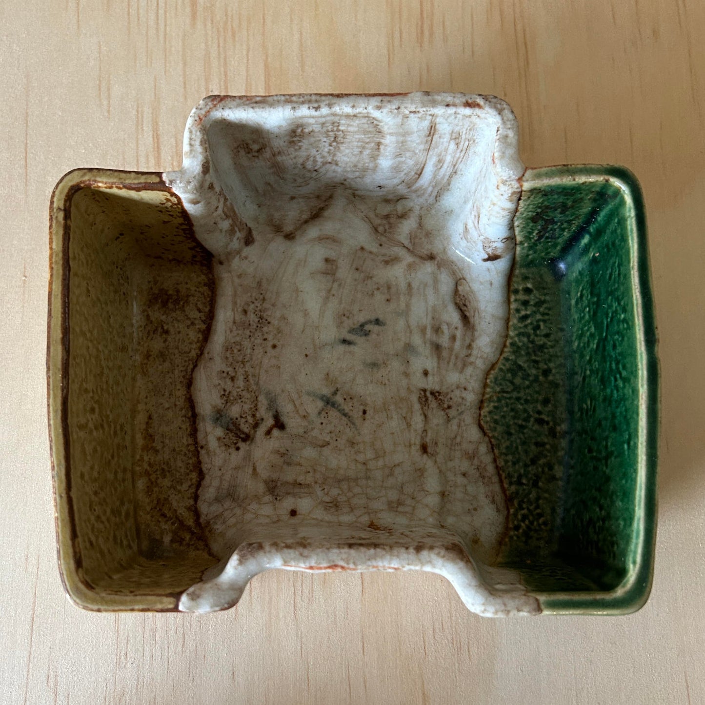 Antique Japanese Oribe ceramic square bowl