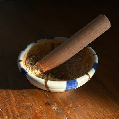 Small Japanese striped grinding bowl and wooden pestle