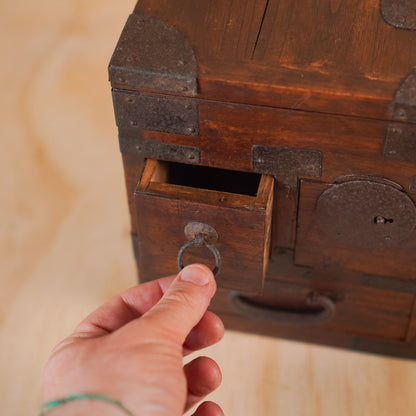 Antique Japanese 3 Drawer Suzuri Bako Sugi wood and Iron Calligraphy Box