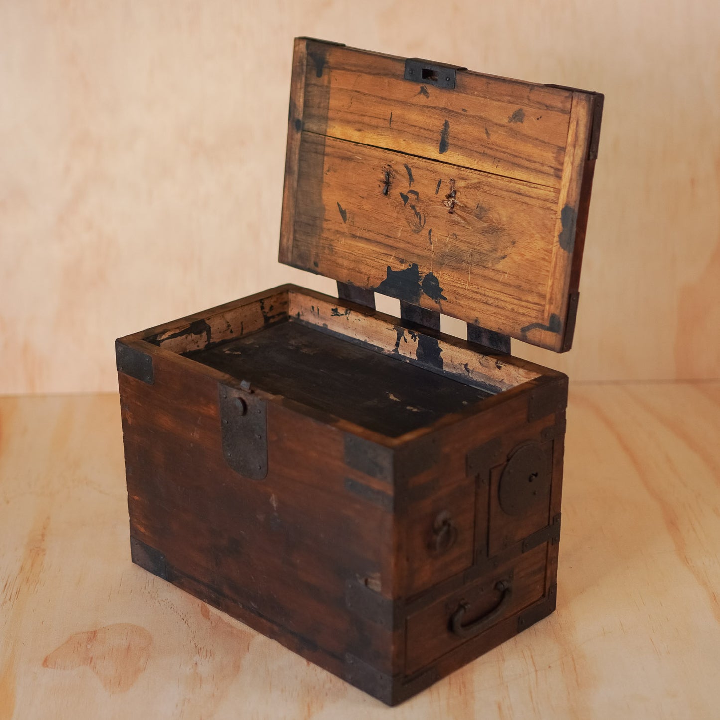 Antique Japanese 3 Drawer Suzuri Bako Sugi wood and Iron Calligraphy Box