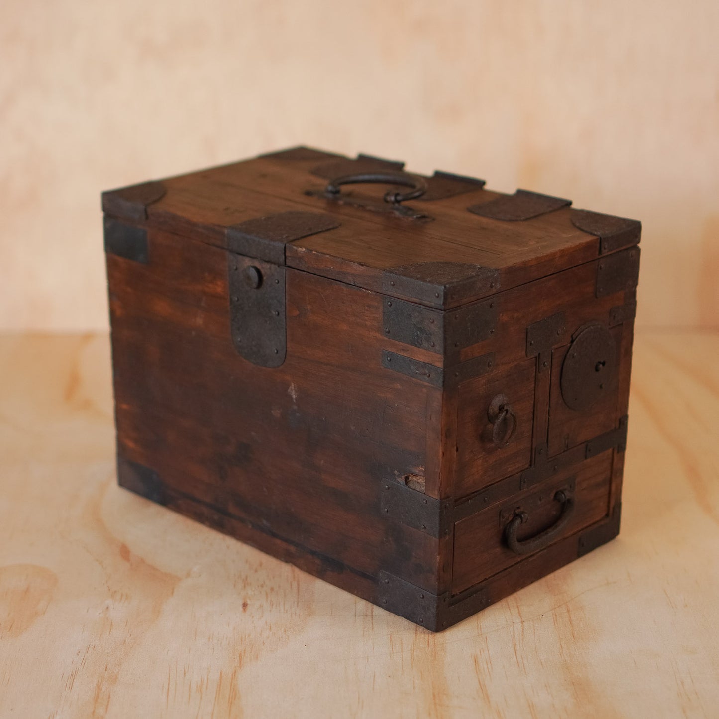 Antique Japanese 3 Drawer Suzuri Bako Sugi wood and Iron Calligraphy Box