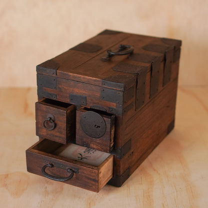 Antique Japanese 3 Drawer Suzuri Bako Sugi wood and Iron Calligraphy Box