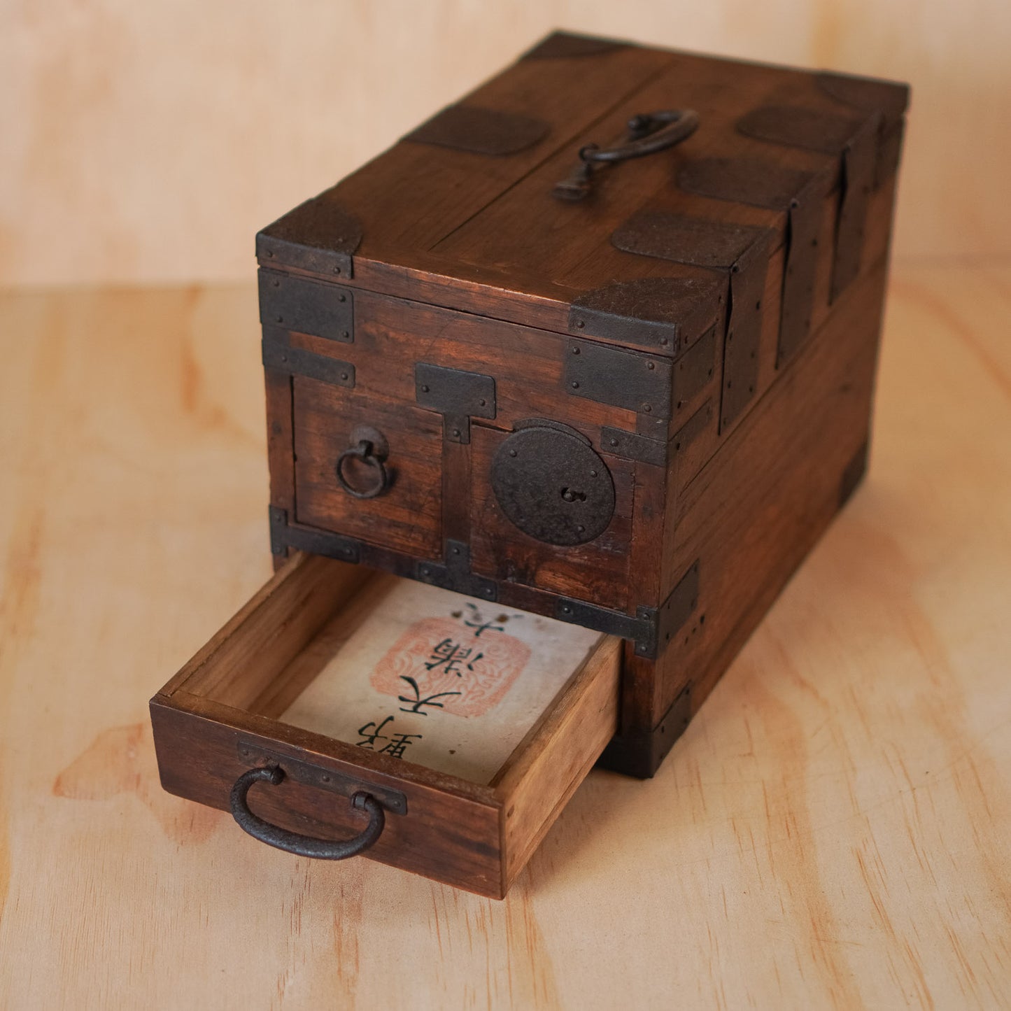 Antique Japanese 3 Drawer Suzuri Bako Sugi wood and Iron Calligraphy Box