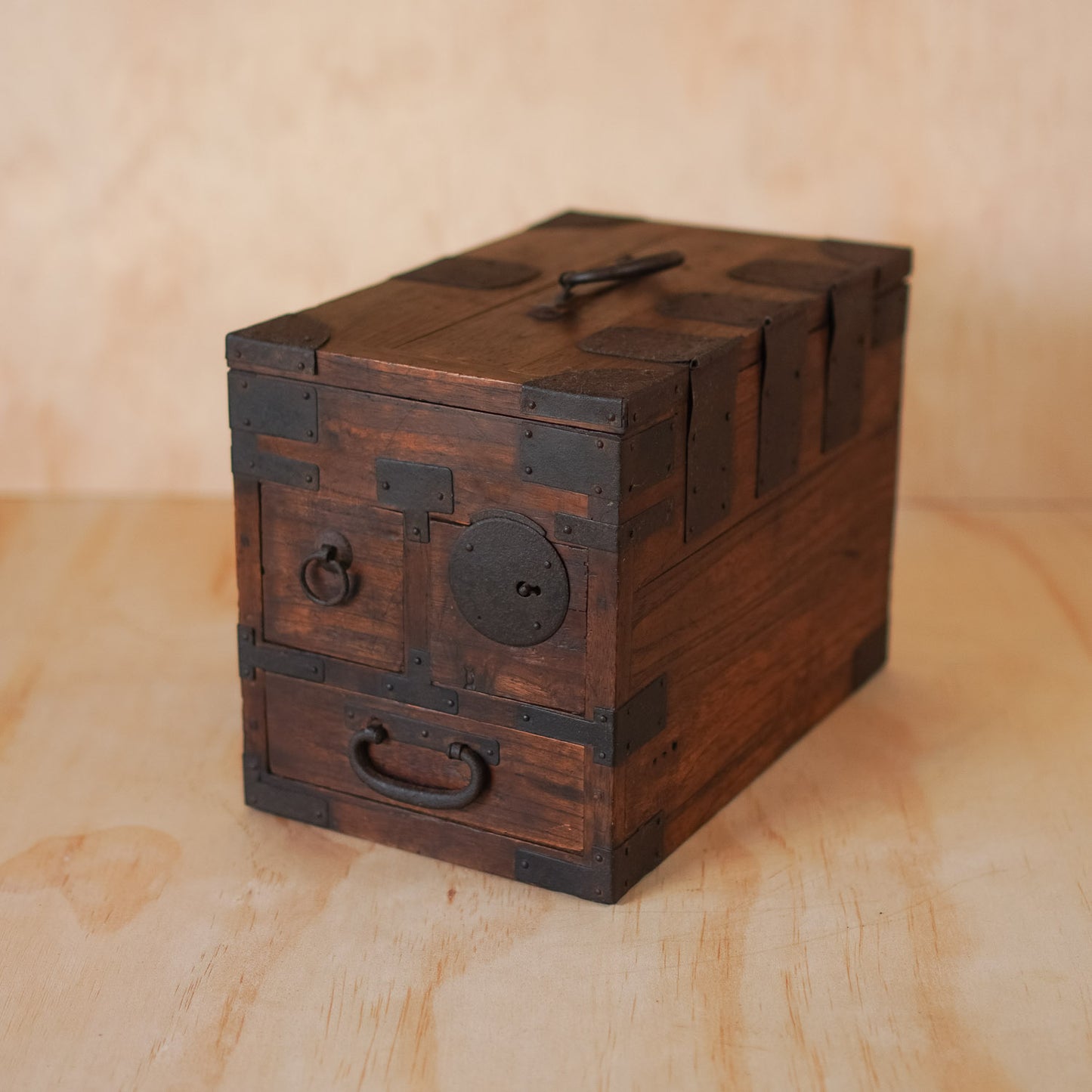 Antique Japanese 3 Drawer Suzuri Bako Sugi wood and Iron Calligraphy Box