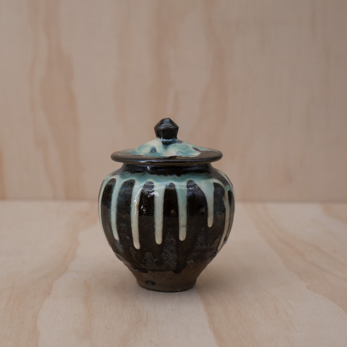 Vintage Japanese Onta ware drip glazed small lidded vessel