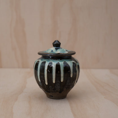 Vintage Japanese Onta ware drip glazed small lidded vessel