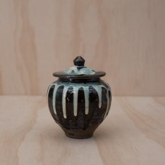 Vintage Japanese Onta ware drip glazed small lidded vessel