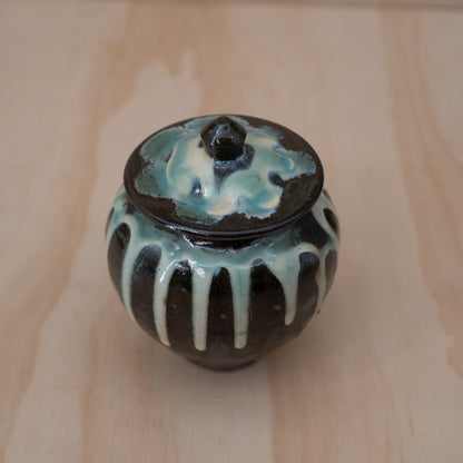 Vintage Japanese Onta ware drip glazed small lidded vessel