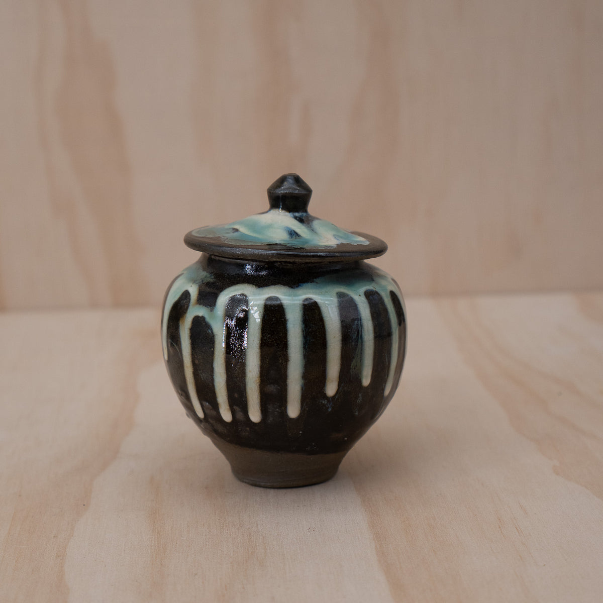 Vintage Japanese Onta ware drip glazed small lidded vessel