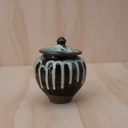 Vintage Japanese Onta ware drip glazed small lidded vessel