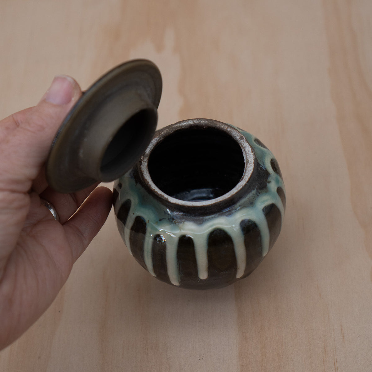 Vintage Japanese Onta ware drip glazed small lidded vessel