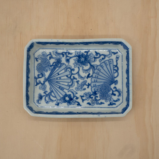 Vintage Japanese blue and white fan design - rectangular sushi plate