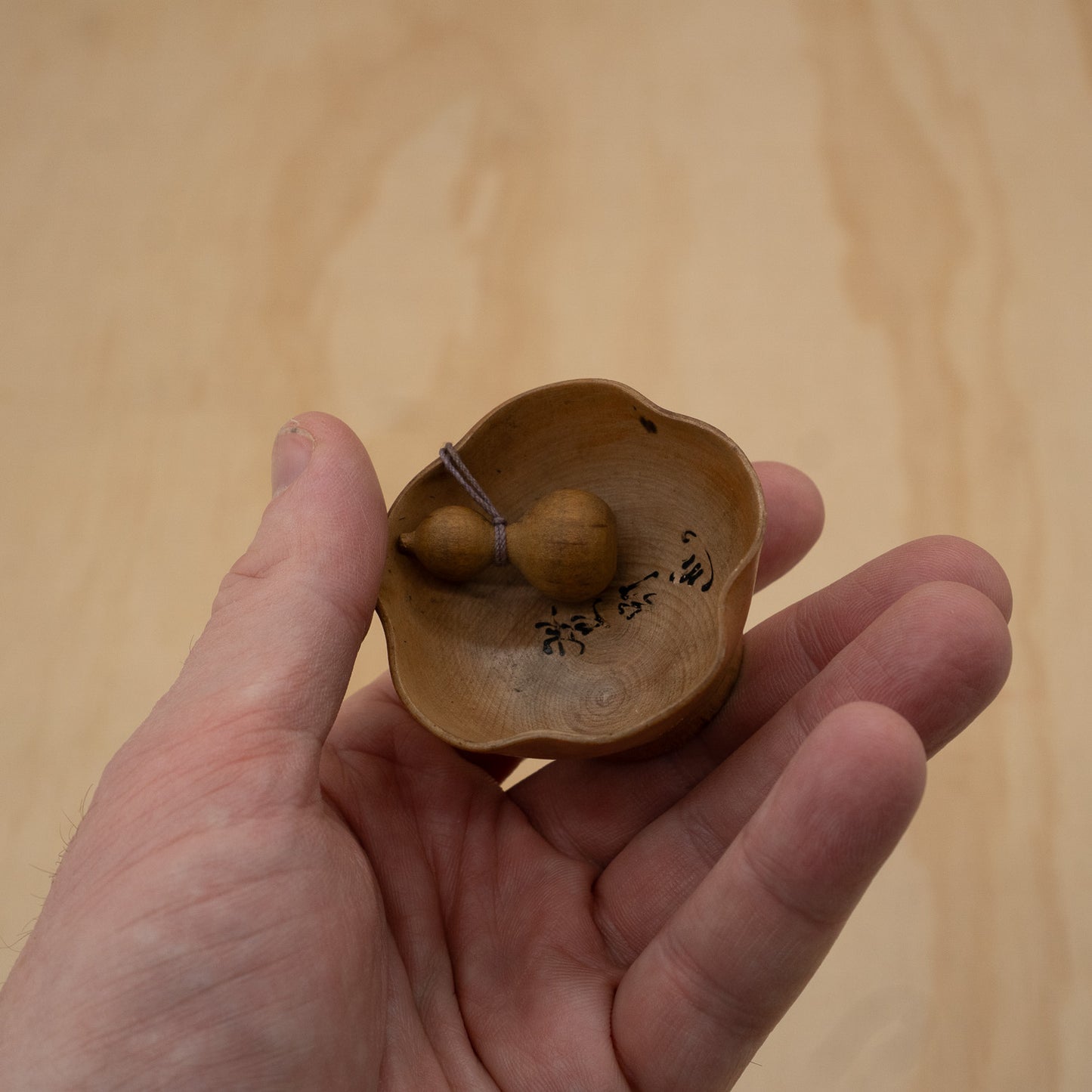 Vintage Japanese Carved wooden Sake cup with Gourd charm