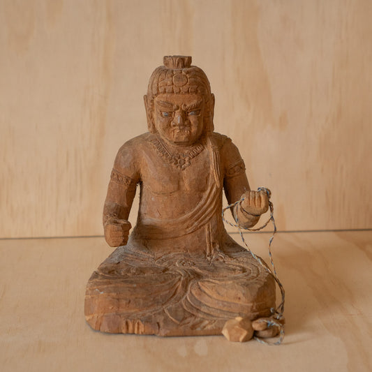 Vintage Japanese Rustic Buddhist wood carving of Fudo Myoo