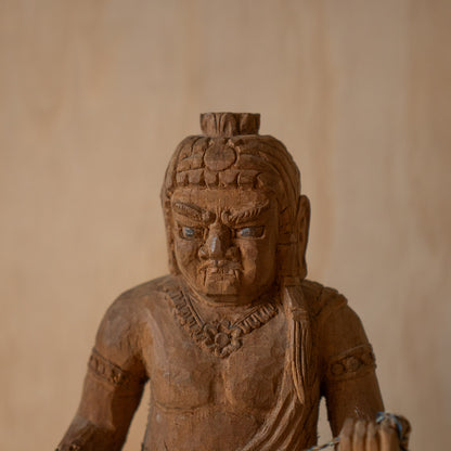 Vintage Japanese Rustic Buddhist wood carving of Fudo Myoo