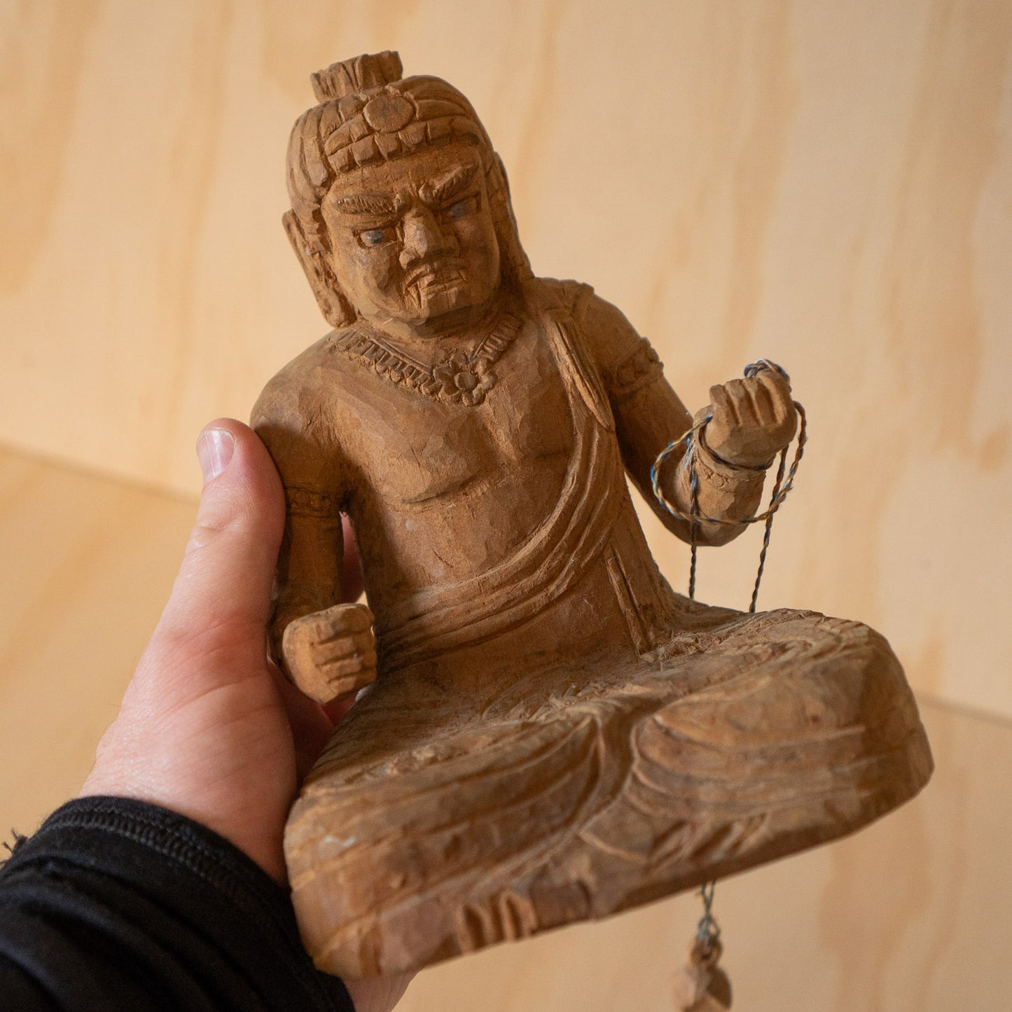 Vintage Japanese Rustic Buddhist wood carving of Fudo Myoo
