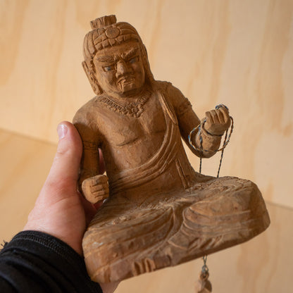 Vintage Japanese Rustic Buddhist wood carving of Fudo Myoo