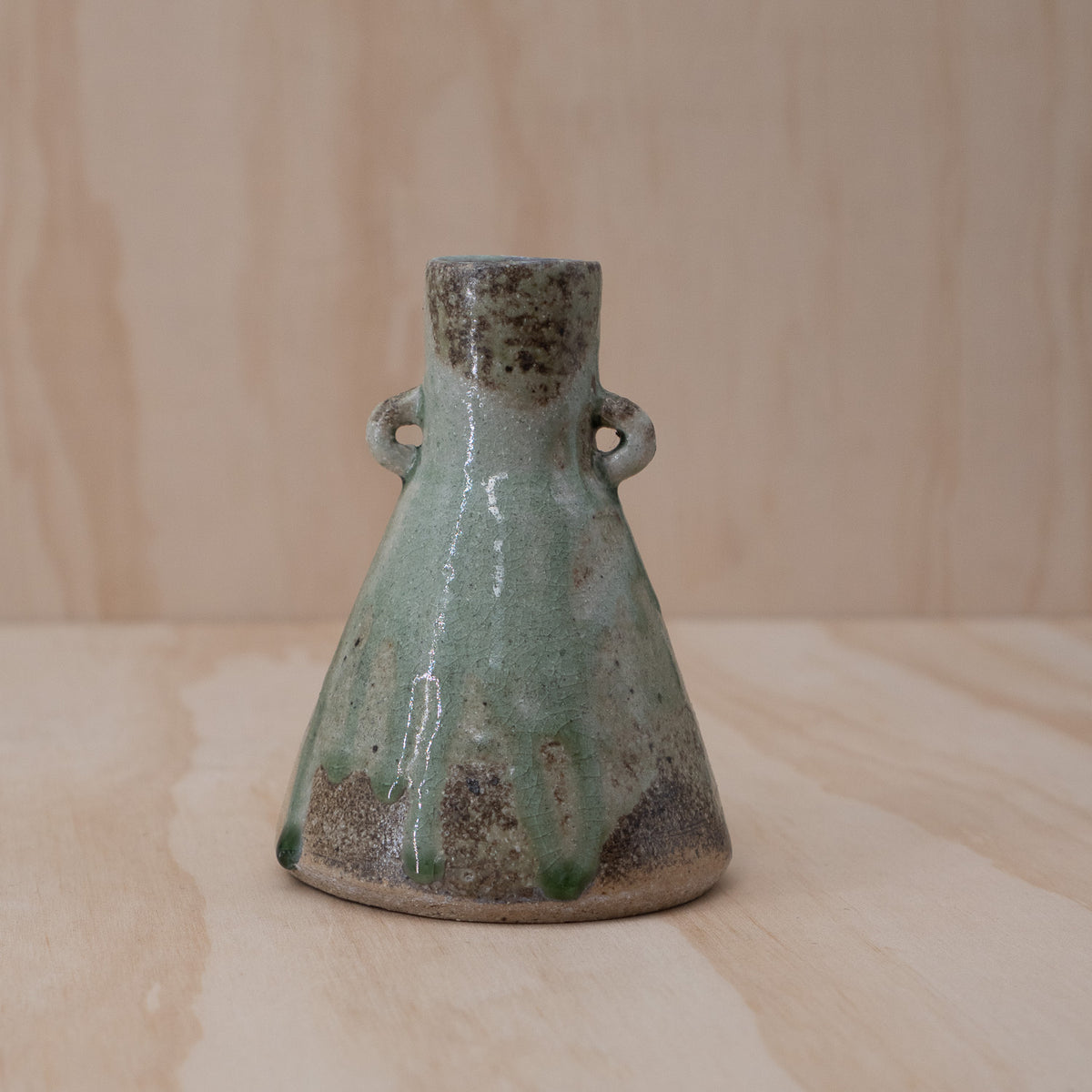 Japanese Ceramic Conical Vase With Green Glaze