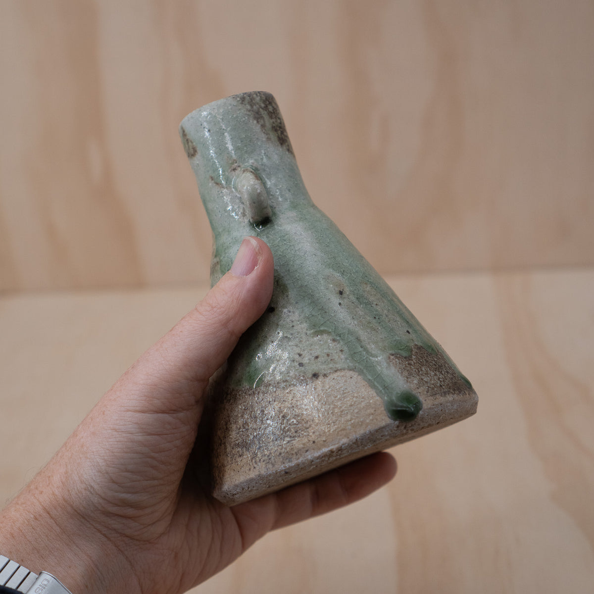 Japanese Ceramic Conical Vase With Green Glaze