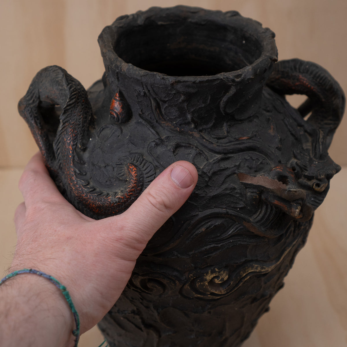 Vintage Japanese Terracotta Chunky Relief Dragon Jar Vase