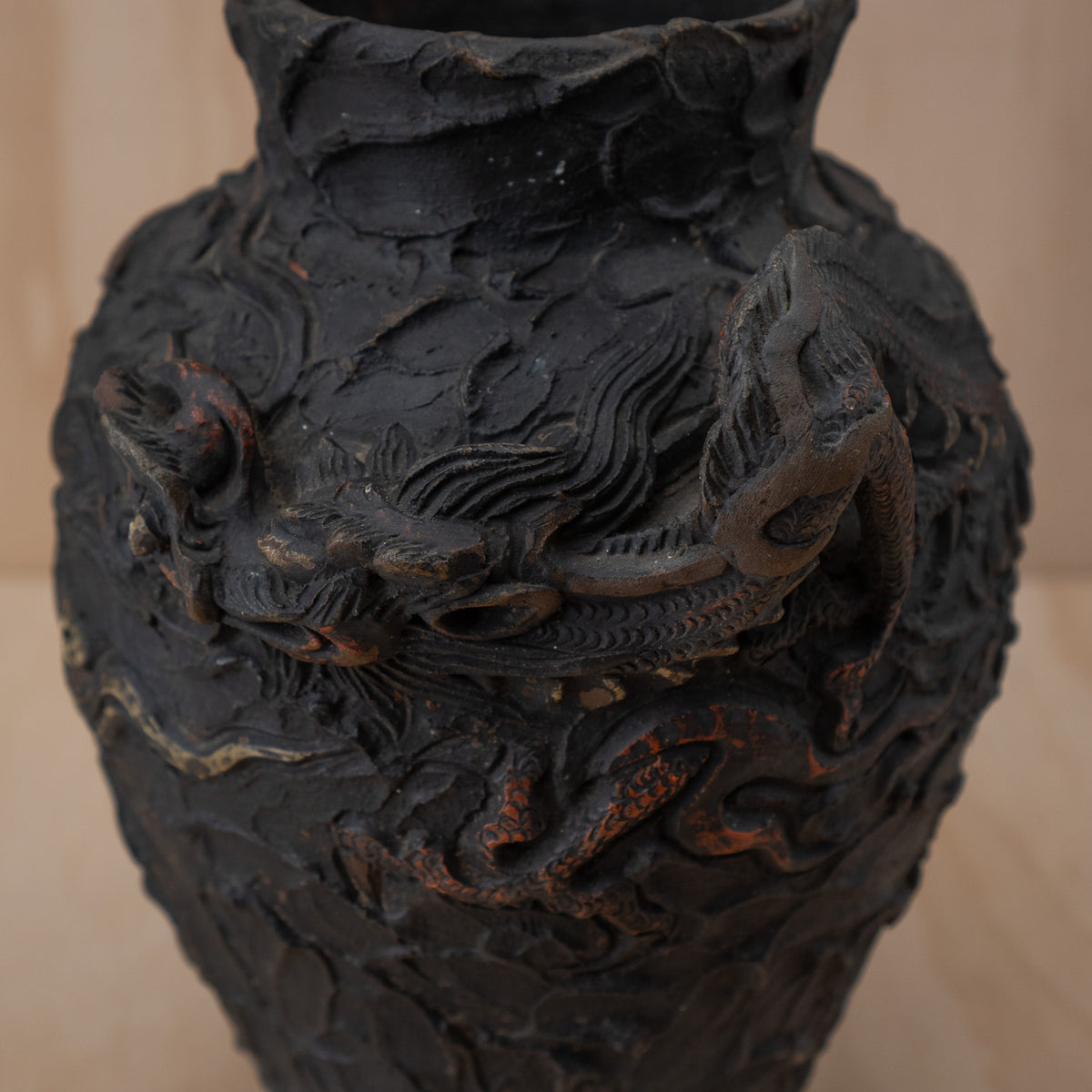 Vintage Japanese Terracotta Chunky Relief Dragon Jar Vase