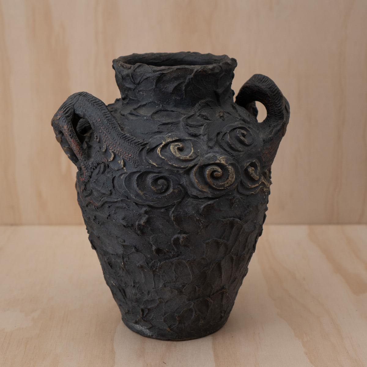 Vintage Japanese Terracotta Chunky Relief Dragon Jar Vase